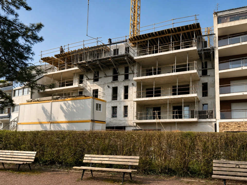 Chantier de construction en cours, vue extérieure d'un bâtiment en R+3